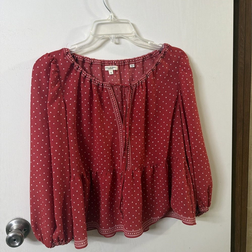 Max Studio Top Women Small Polka Dot Red White Cinched Sleeves V-Neck Blouse